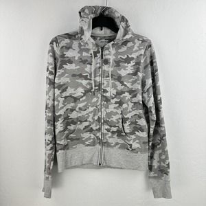 Eddie Bauer Women's S Sweatshirt Gray Camo Fleece Lounge Hoodie Full Zip-up Soft